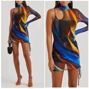 David Koma Asymmetrical Printed Sheer Mesh Mini Dress